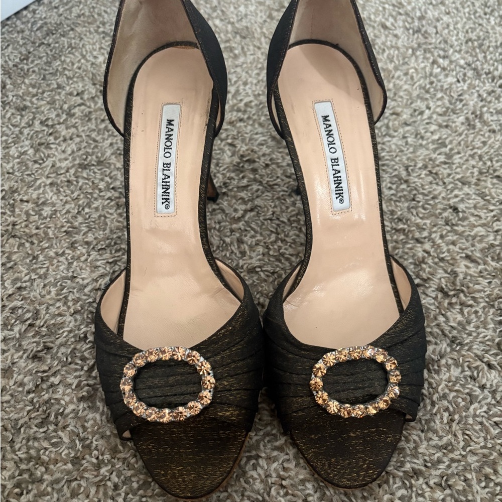 Manolo Blahnik Olive Green Satin D'Orsay Heels with Crystal-Embellished Buckles